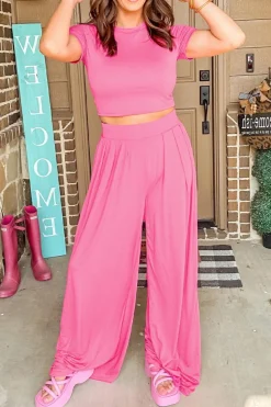 Fashion Dear-Lover Slim Fit Crop Top and Pleated Wide Leg Pants Set Strawberry Pink