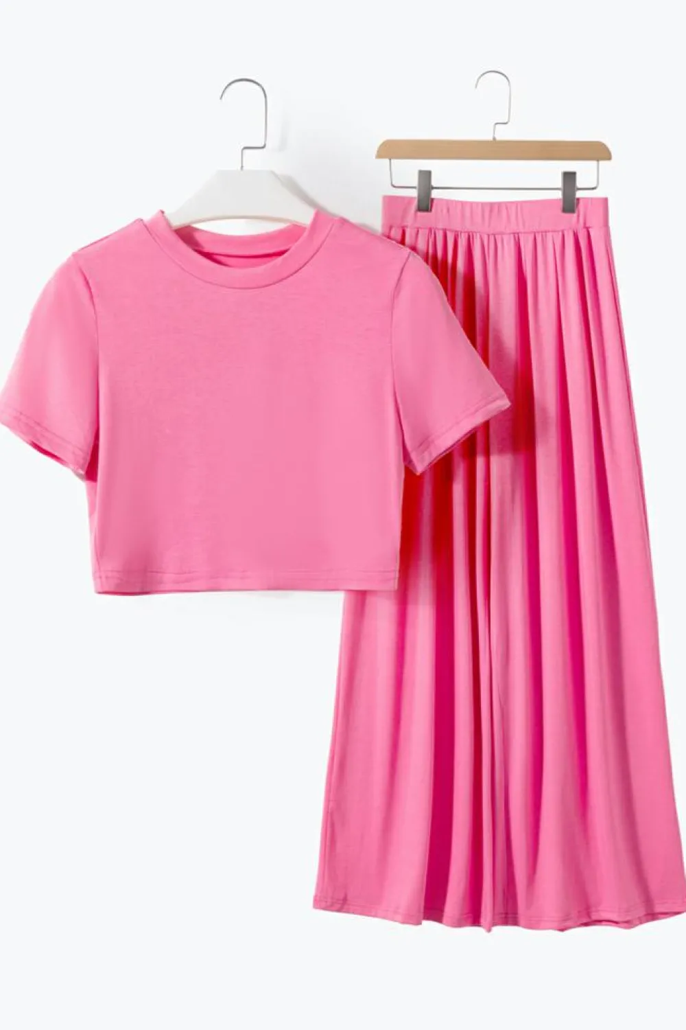 Fashion Dear-Lover Slim Fit Crop Top and Pleated Wide Leg Pants Set Strawberry Pink