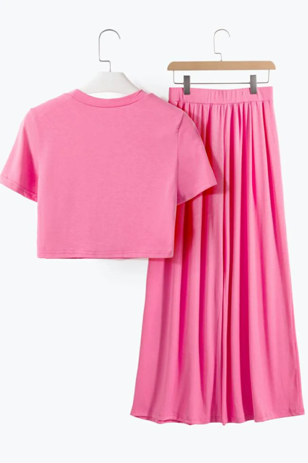 Fashion Dear-Lover Slim Fit Crop Top and Pleated Wide Leg Pants Set Strawberry Pink