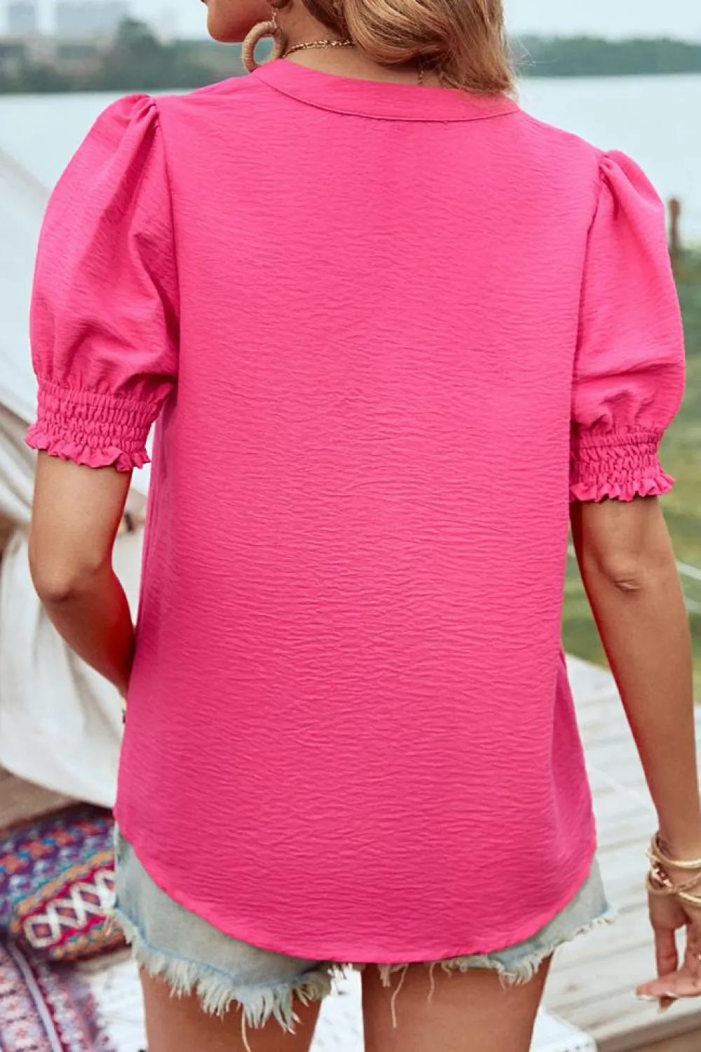 Clearance Dear-Lover Split V Neck Smocked Puff Short Sleeve Blouse Top Strawberry Pink