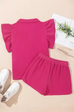 Best Dear-Lover Striped Detail Flutter Sleeve Zipped Collar Short Set Strawberry Pink