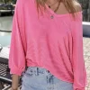 Outlet Dear-Lover Striped Print Bracelet Sleeve V Neck Top Strawberry Pink