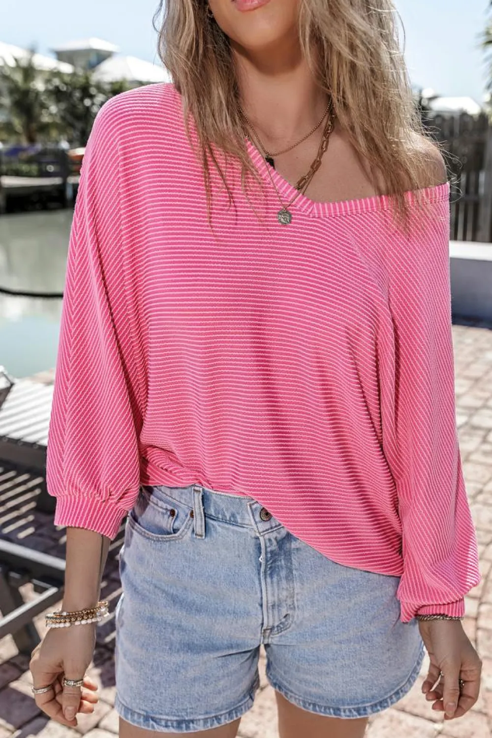 Outlet Dear-Lover Striped Print Bracelet Sleeve V Neck Top Strawberry Pink