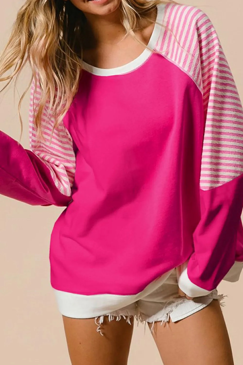 Clearance Dear-Lover Striped Patchwork Crew Neck Raglan Sleeve Top Strawberry Pink