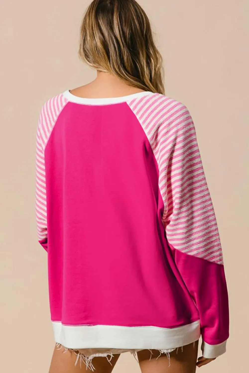 Clearance Dear-Lover Striped Patchwork Crew Neck Raglan Sleeve Top Strawberry Pink
