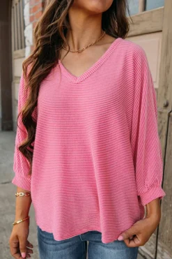 Outlet Dear-Lover Striped Print Bracelet Sleeve V Neck Top Strawberry Pink