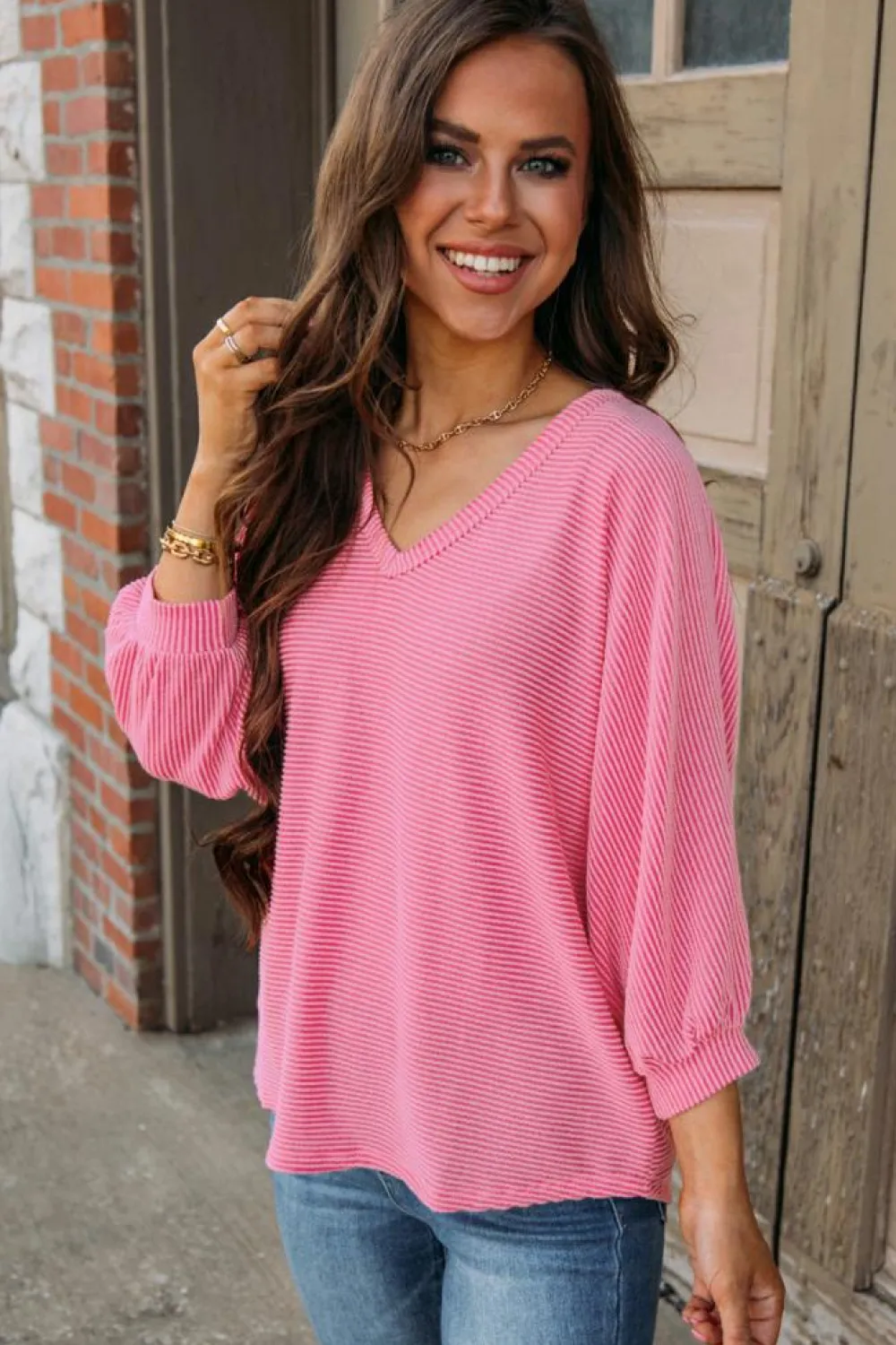 Outlet Dear-Lover Striped Print Bracelet Sleeve V Neck Top Strawberry Pink