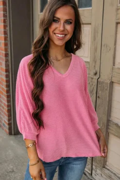 Outlet Dear-Lover Striped Print Bracelet Sleeve V Neck Top Strawberry Pink