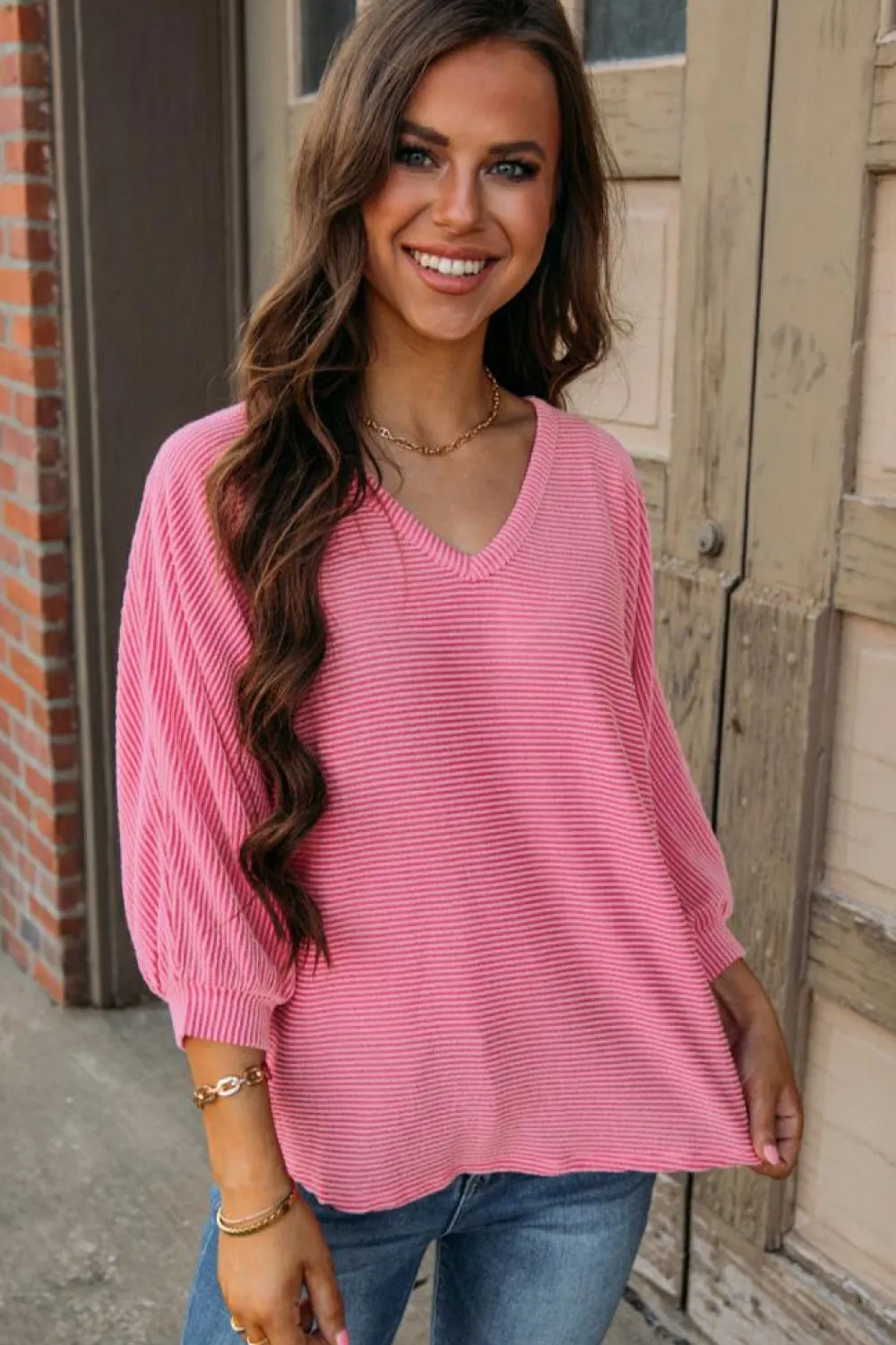 Outlet Dear-Lover Striped Print Bracelet Sleeve V Neck Top Strawberry Pink