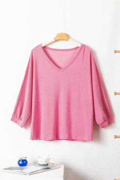 Outlet Dear-Lover Striped Print Bracelet Sleeve V Neck Top Strawberry Pink
