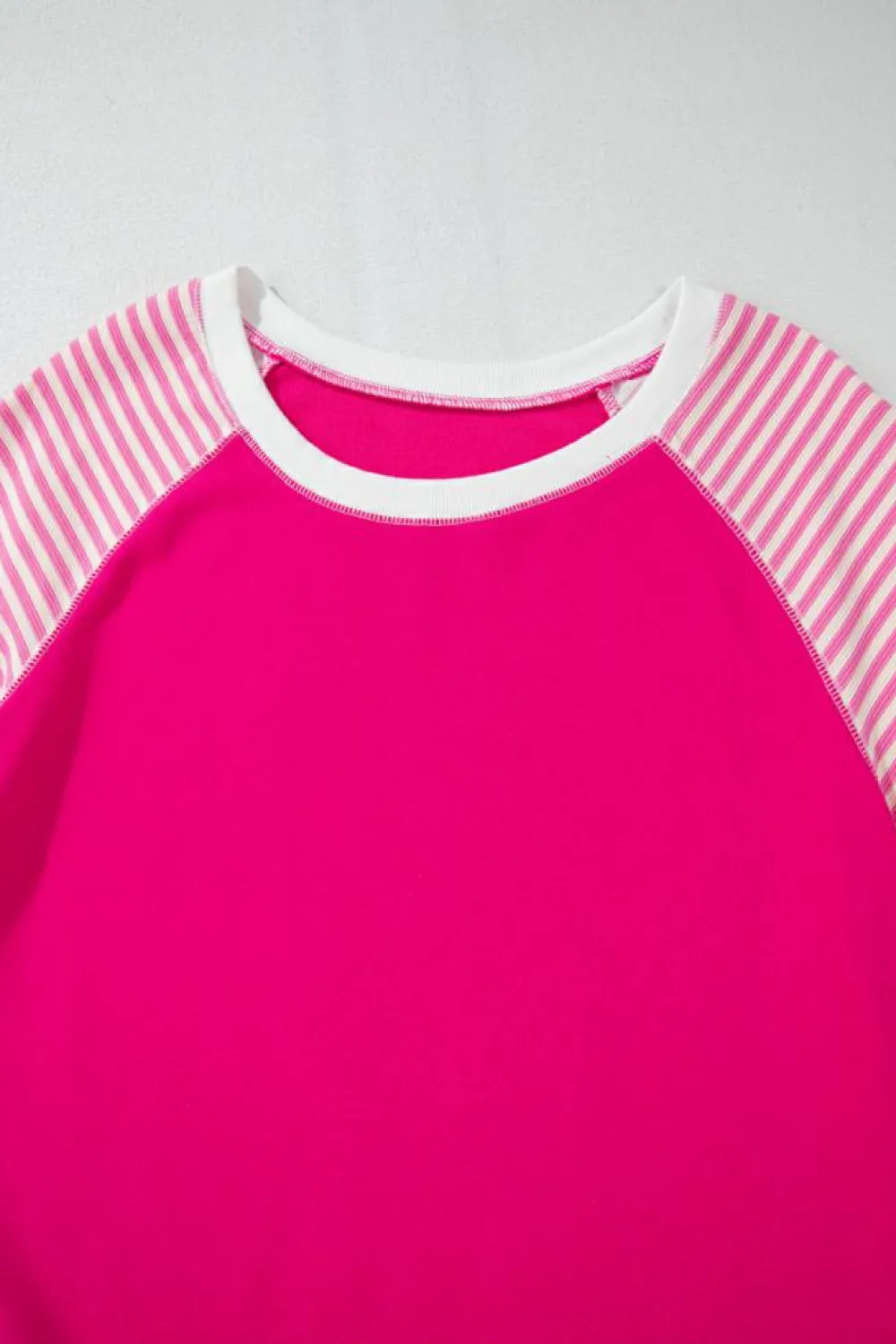 Clearance Dear-Lover Striped Patchwork Crew Neck Raglan Sleeve Top Strawberry Pink