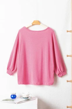 Outlet Dear-Lover Striped Print Bracelet Sleeve V Neck Top Strawberry Pink
