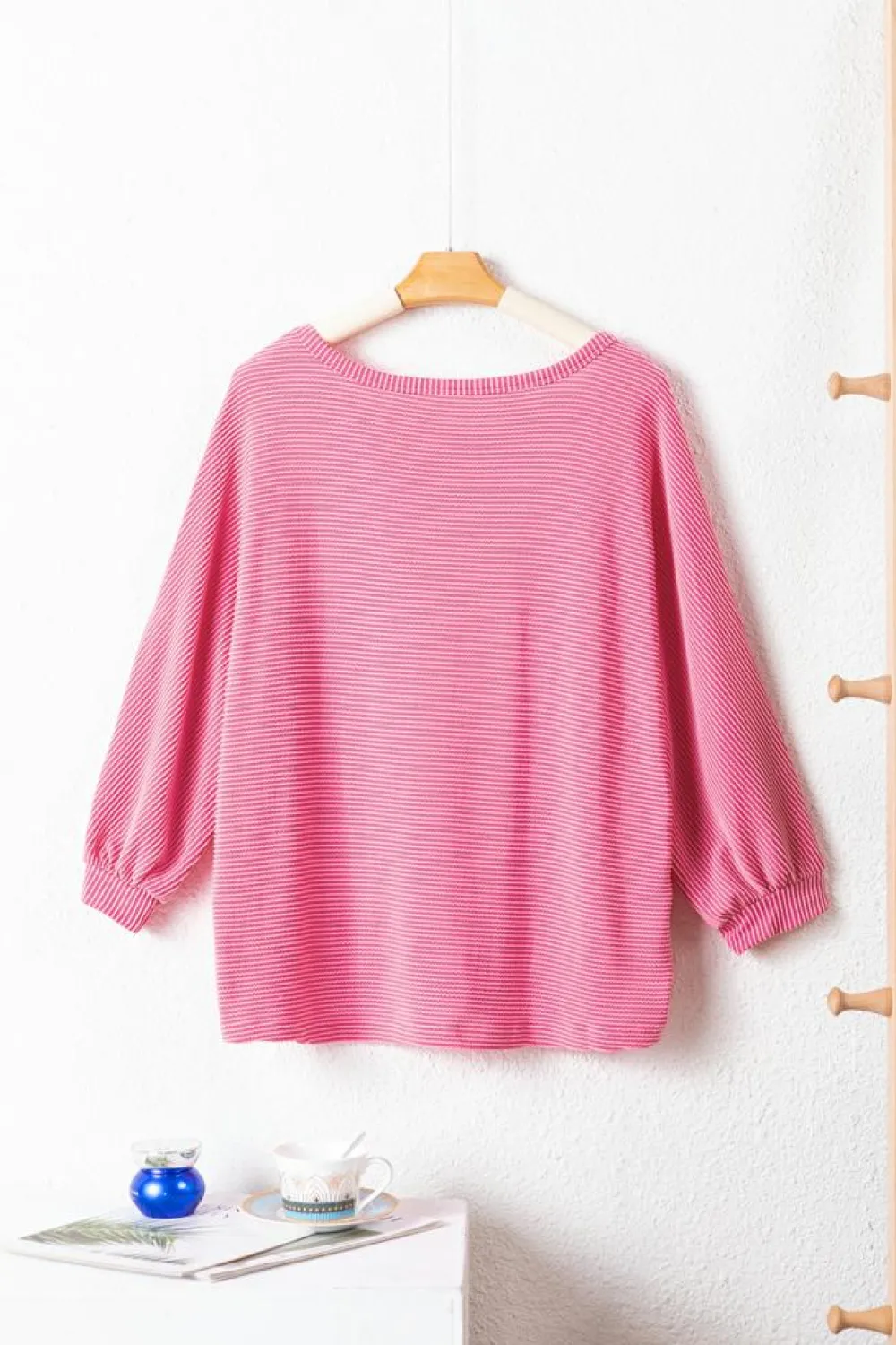 Outlet Dear-Lover Striped Print Bracelet Sleeve V Neck Top Strawberry Pink