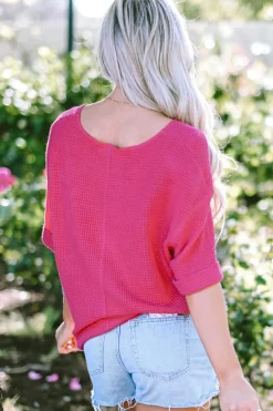 Clearance Dear-Lover Textured Knit Split Neck Cuffed Short Sleeve Top Strawberry Pink