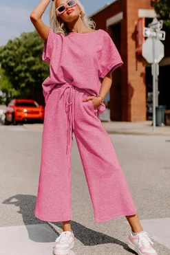 Fashion Dear-Lover Textured Loose Fit T Shirt and Drawstring Pants Set Strawberry Pink