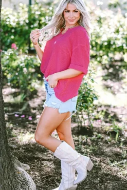 Clearance Dear-Lover Textured Knit Split Neck Cuffed Short Sleeve Top Strawberry Pink