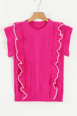 Best Dear-Lover Textured Knit Ruffled Mock Neck Sweater Tank Strawberry Pink