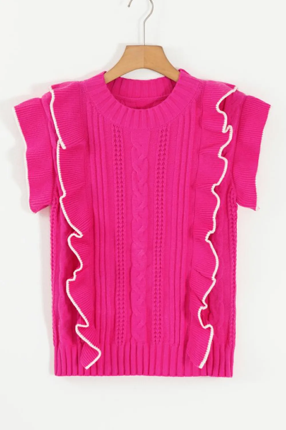 Best Dear-Lover Textured Knit Ruffled Mock Neck Sweater Tank Strawberry Pink