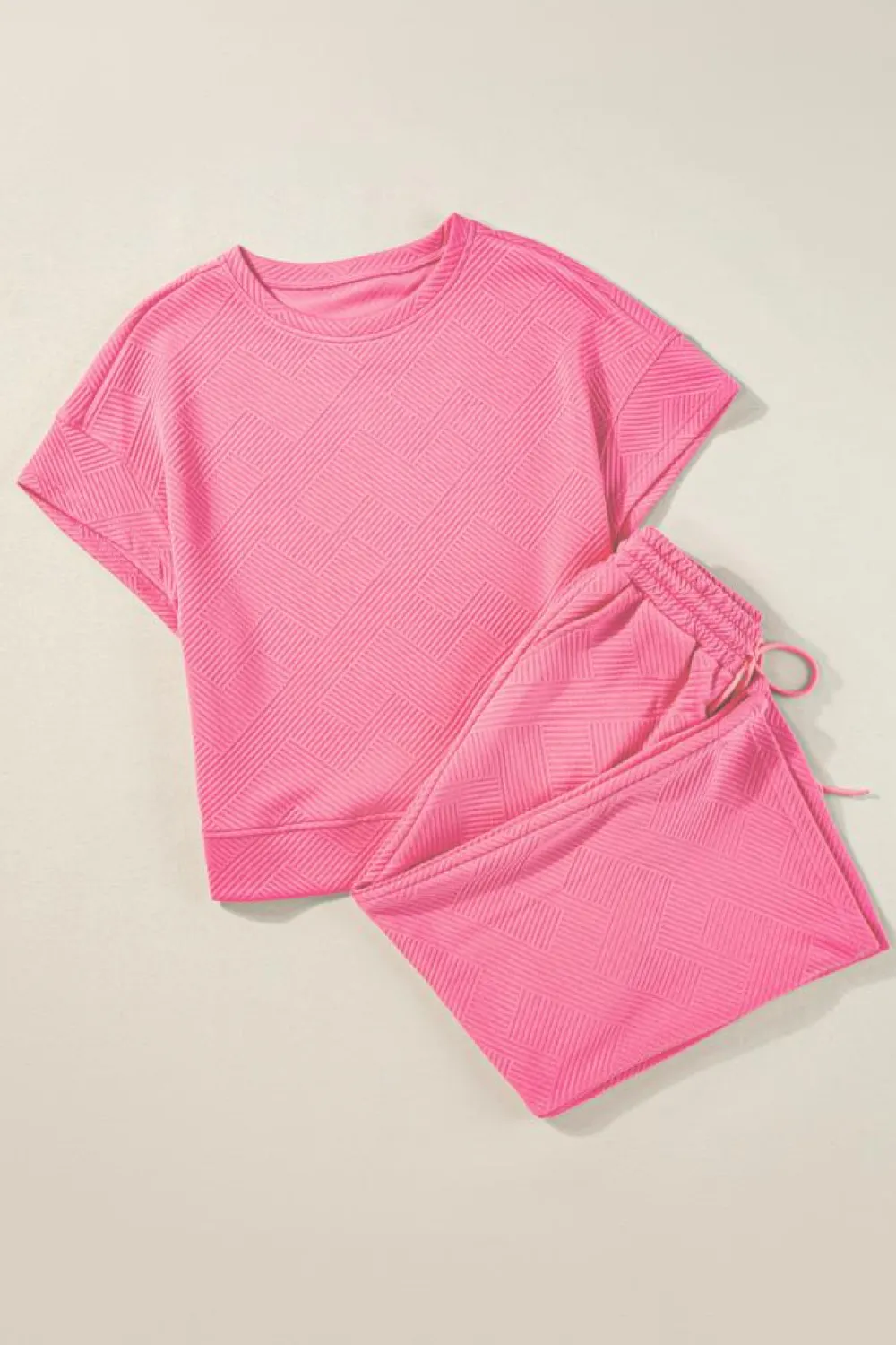 Fashion Dear-Lover Textured Loose Fit T Shirt and Drawstring Pants Set Strawberry Pink