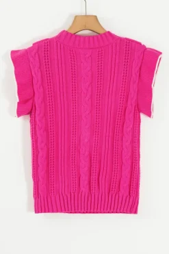 Best Dear-Lover Textured Knit Ruffled Mock Neck Sweater Tank Strawberry Pink