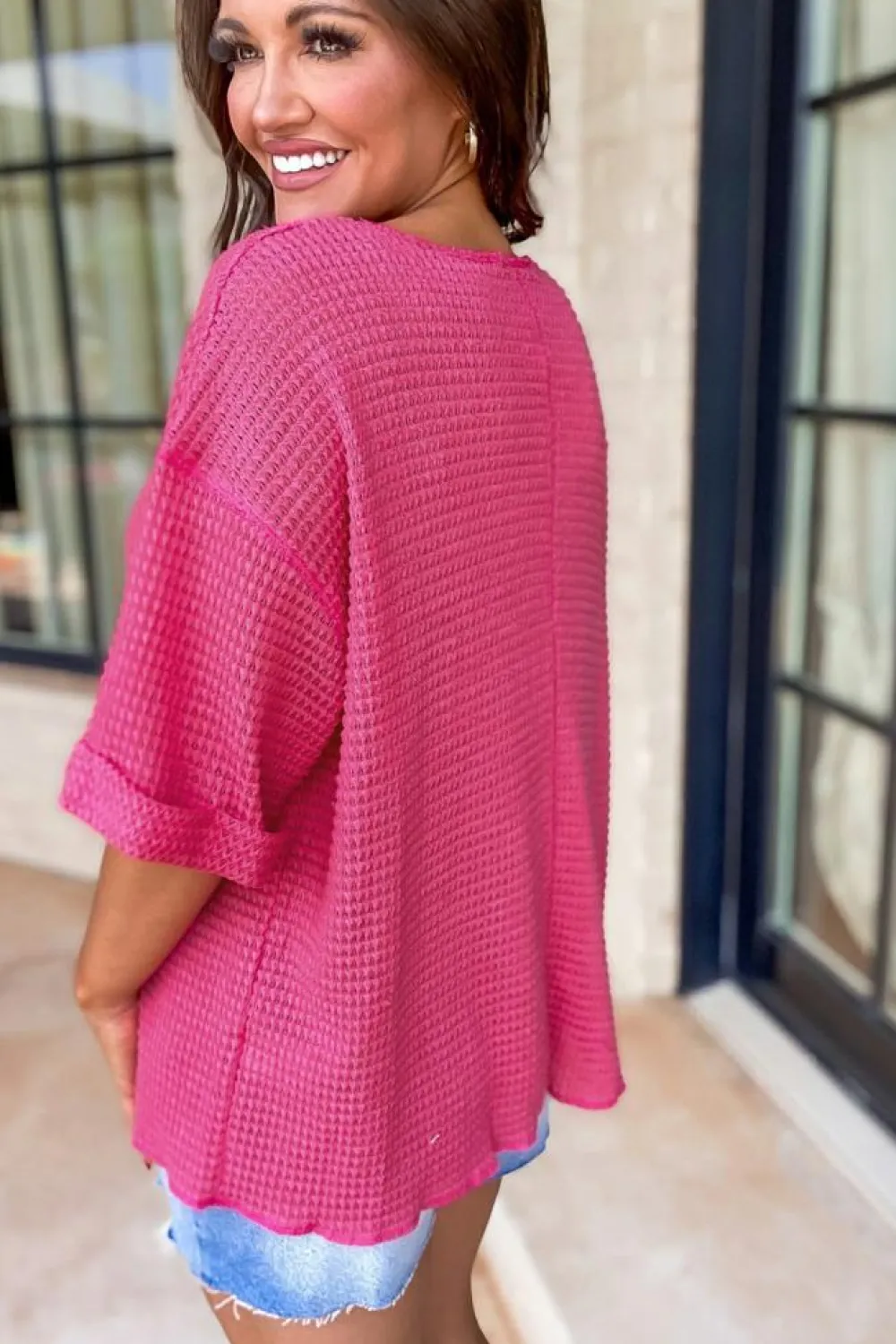Clearance Dear-Lover Textured Knit Split Neck Cuffed Short Sleeve Top Strawberry Pink