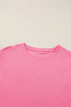 Fashion Dear-Lover Textured Loose Fit T Shirt and Drawstring Pants Set Strawberry Pink
