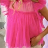 Hot Dear-Lover Tulle Ruffle Sleeve Flared Babydoll Blouse Strawberry Pink