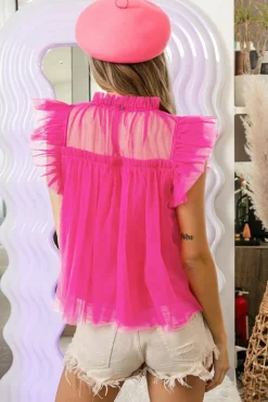 Hot Dear-Lover Tulle Ruffle Sleeve Flared Babydoll Blouse Strawberry Pink