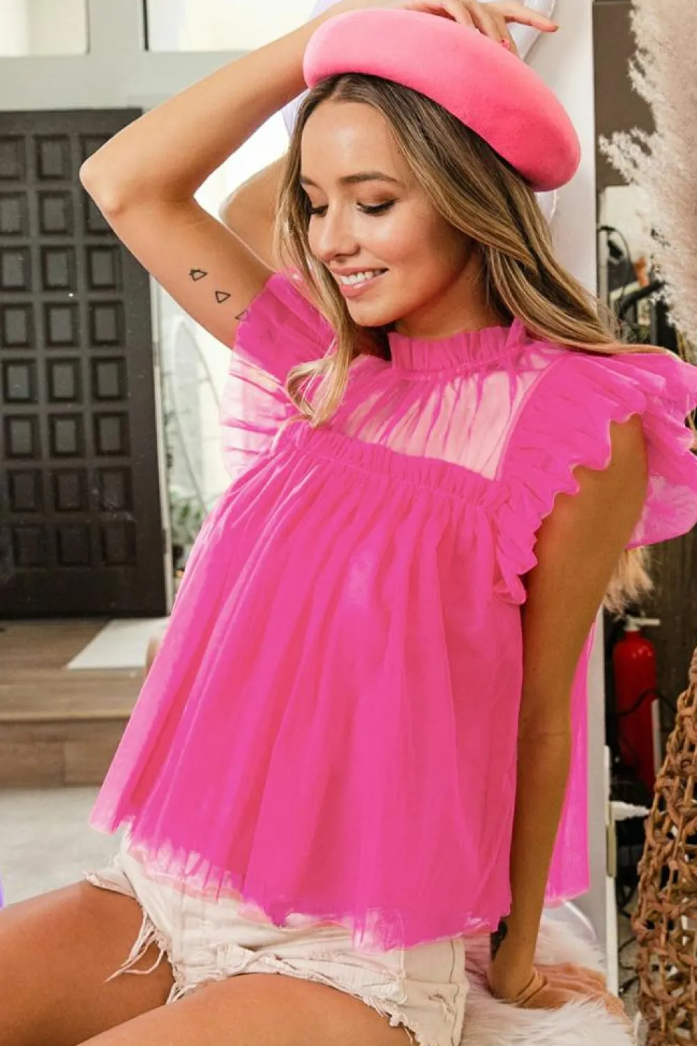 Hot Dear-Lover Tulle Ruffle Sleeve Flared Babydoll Blouse Strawberry Pink