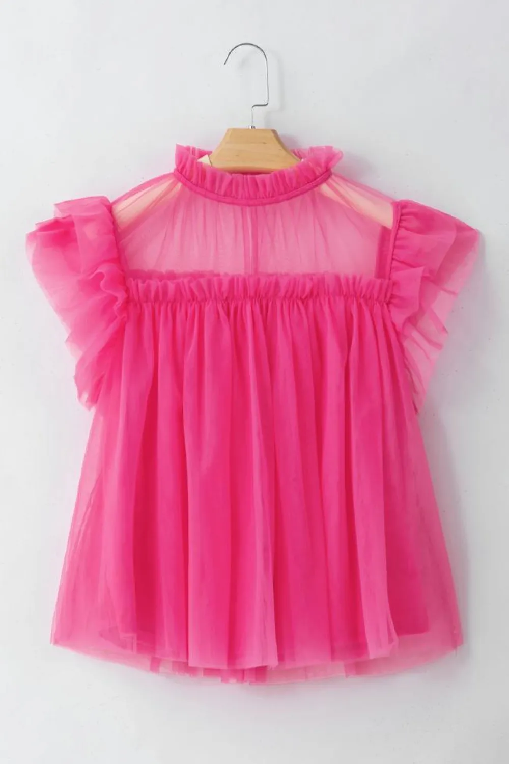 Hot Dear-Lover Tulle Ruffle Sleeve Flared Babydoll Blouse Strawberry Pink