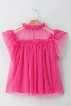 Hot Dear-Lover Tulle Ruffle Sleeve Flared Babydoll Blouse Strawberry Pink