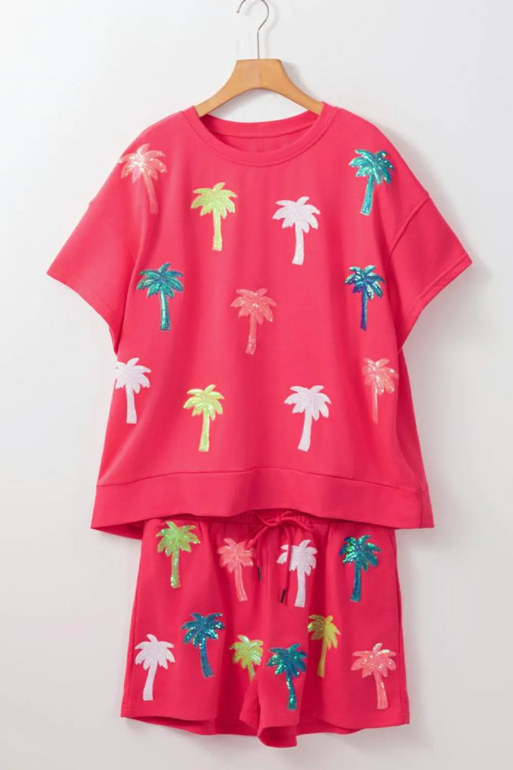 Fashion Dear-Lover Two Piece Sequin Palm Trees Summer Short Set Strawberry Pink