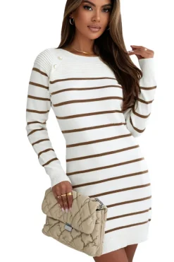 Clearance Dear-Lover Button Ribbed Detail Mini Sweater Dress Stripe