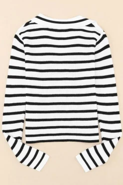 New Dear-Lover Collared V Neck Lightweight Knit Casual Sweater Stripe