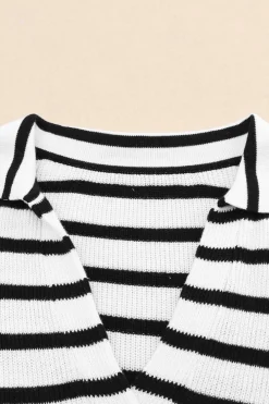 New Dear-Lover Collared V Neck Lightweight Knit Casual Sweater Stripe