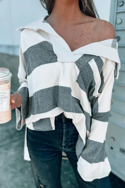 New Dear-Lover Oversized Collared Long Sleeve Top Stripe