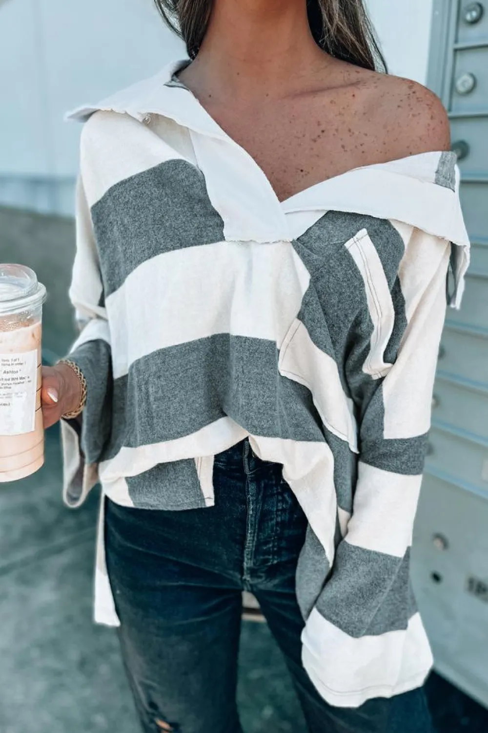 New Dear-Lover Oversized Collared Long Sleeve Top Stripe