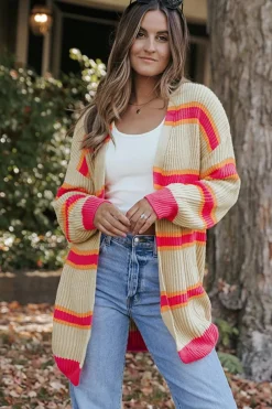 Outlet Dear-Lover Printed Ribbed Long Knitted Cardigan Stripe