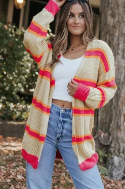 Outlet Dear-Lover Printed Ribbed Long Knitted Cardigan Stripe