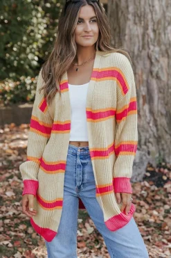 Outlet Dear-Lover Printed Ribbed Long Knitted Cardigan Stripe