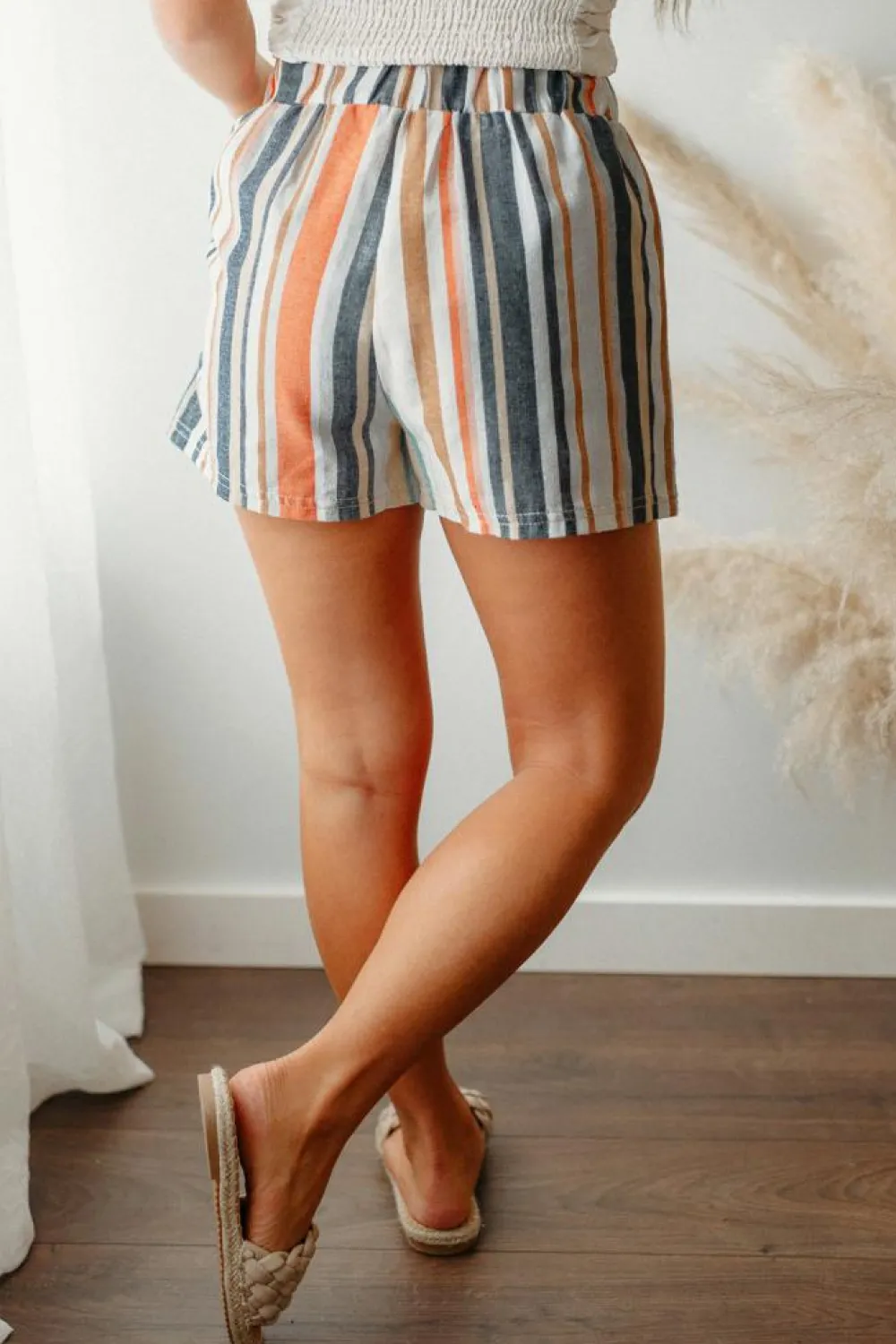 Best Dear-Lover Vintage Washed Elastic Frill Waist Casual Shorts Stripe