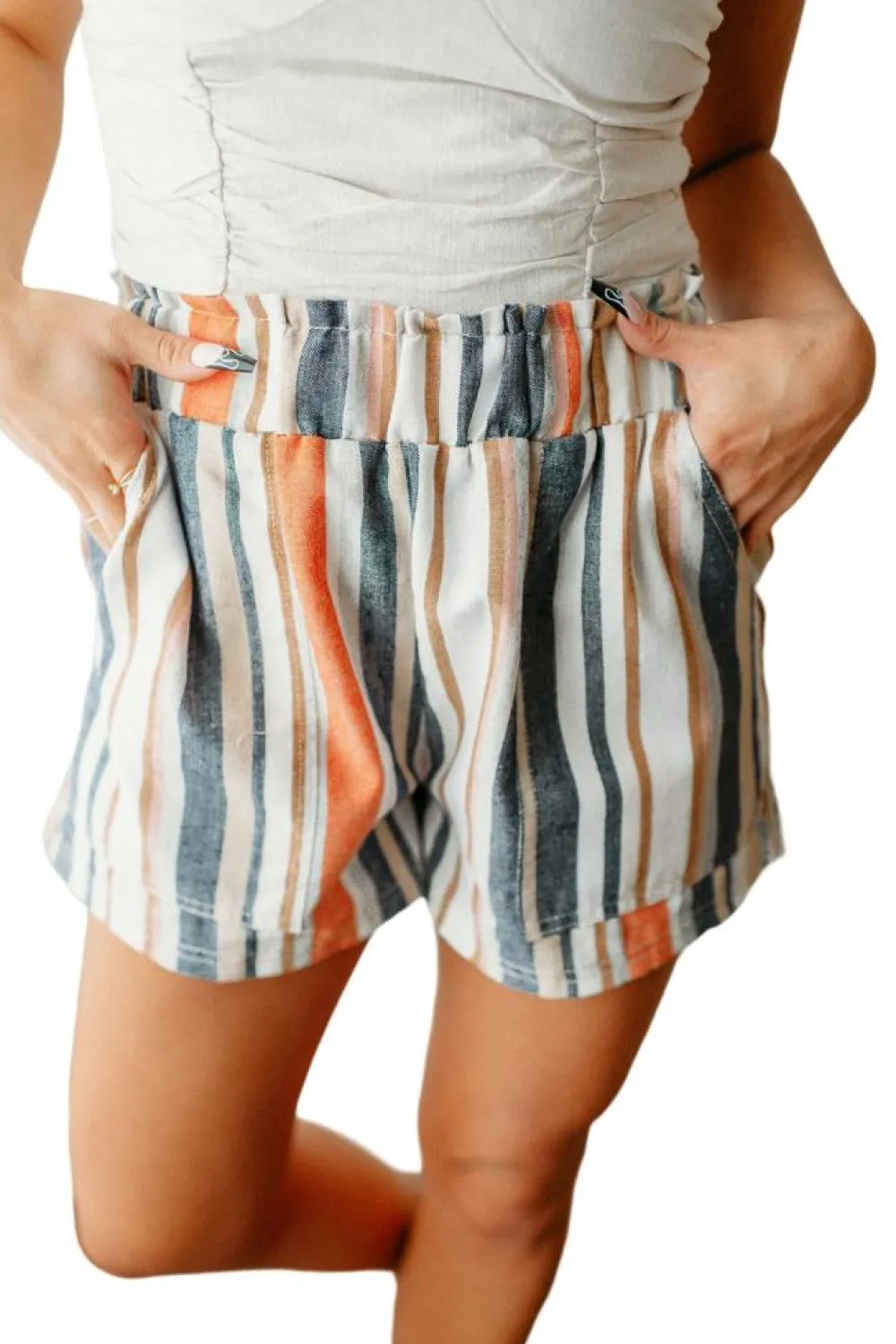 Best Dear-Lover Vintage Washed Elastic Frill Waist Casual Shorts Stripe