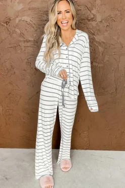 Clearance Dear-Lover d Print Long Sleeve and Pants Pajamas Set Stripe