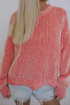 Discount Dear-Lover Striped Print Ribbed Trim Round Neck Sweater Fiery Red