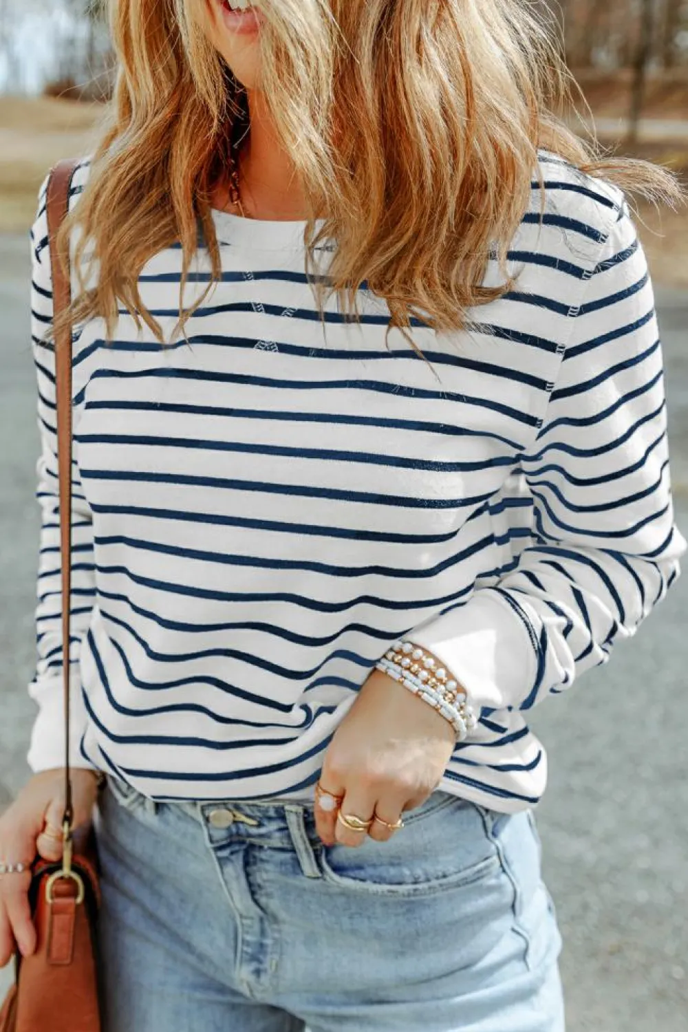 Hot Dear-Lover d Print Ribbed Trim Long Sleeve Top Stripe