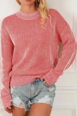 Discount Dear-Lover Striped Print Ribbed Trim Round Neck Sweater Fiery Red