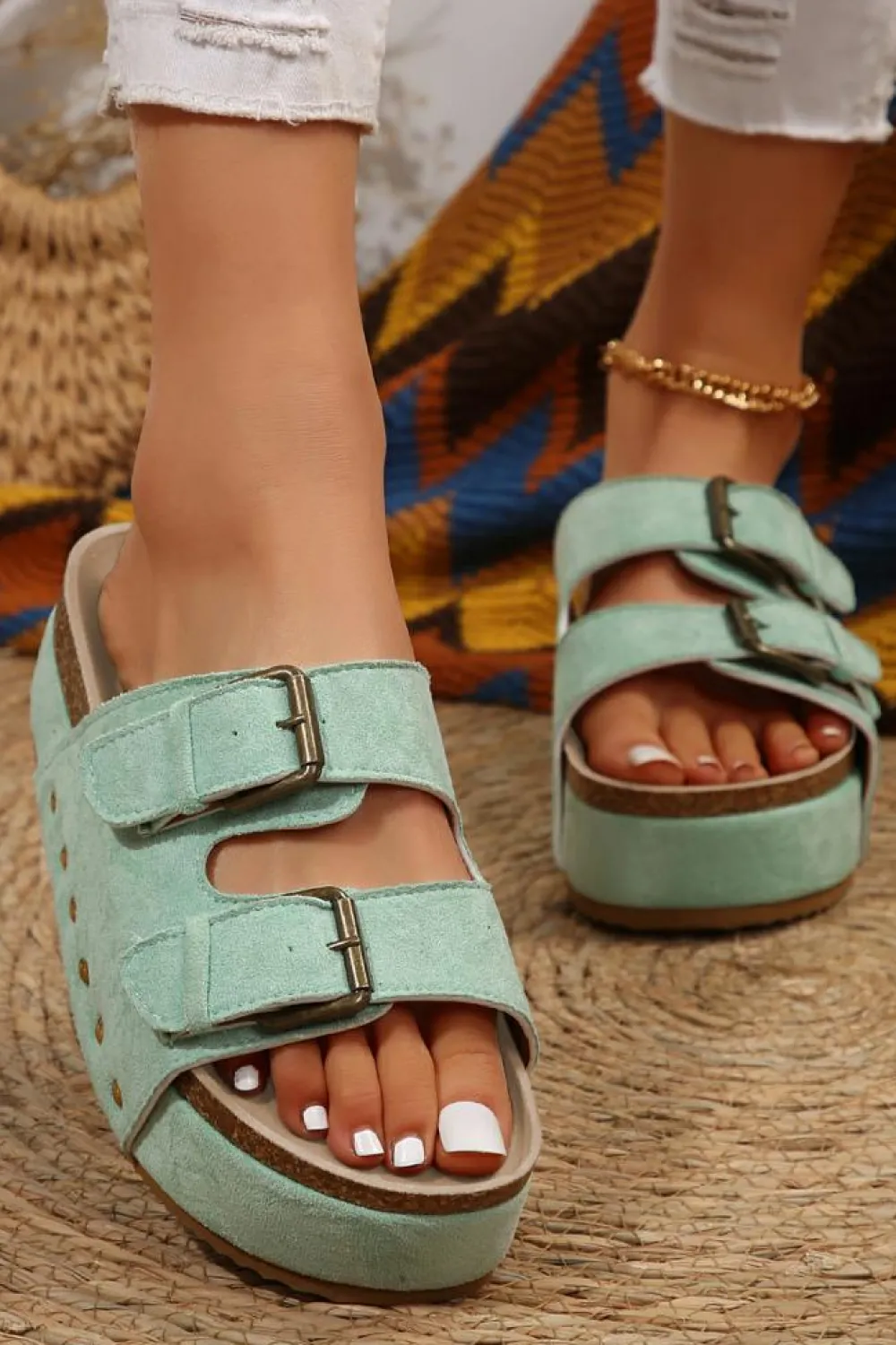 Hot Dear-Lover Suede Buckle Decor Footbed Sandal Slippers Light Blue