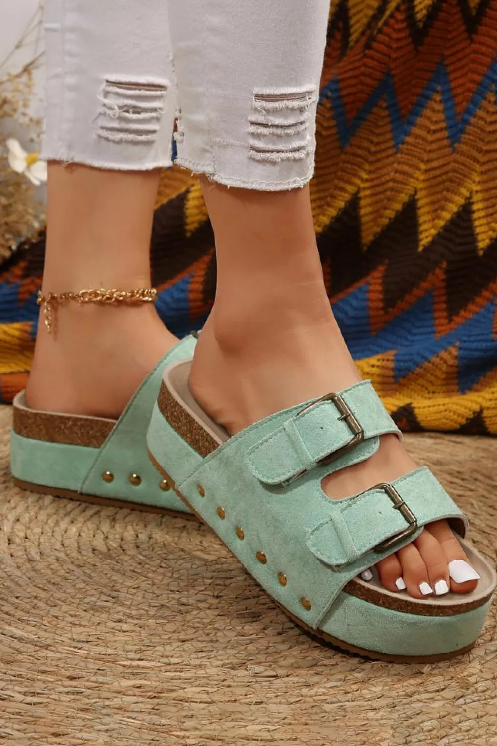 Hot Dear-Lover Suede Buckle Decor Footbed Sandal Slippers Light Blue