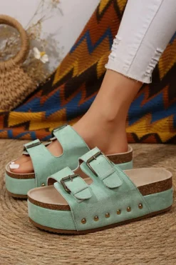 Hot Dear-Lover Suede Buckle Decor Footbed Sandal Slippers Light Blue