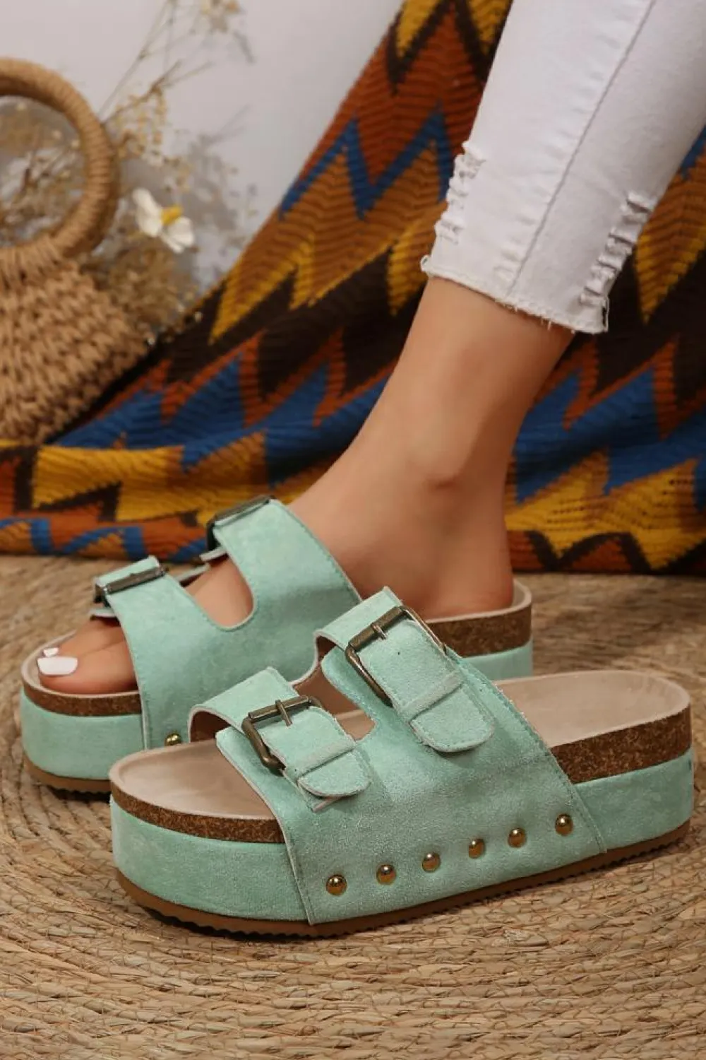 Hot Dear-Lover Suede Buckle Decor Footbed Sandal Slippers Light Blue